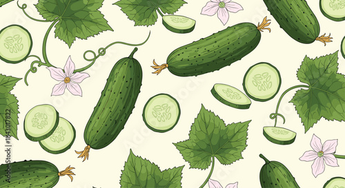 Pattern of fresh cucumbers on vines with leaves and pale pink flowers suitable for a vibrant garden and food themed illustration for kitchen and market design.