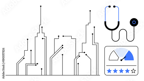 Smart healthcare concept. cityscape interconnected with stethoscope and performance dashboard. Smart healthcare for urban innovation and medical technology advancements. Useful for medical IoT, urban