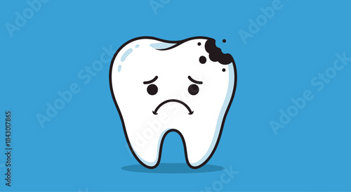 Bright blue background frames a sad cartoon tooth with a small black cavity and droopy eyes showing pain and worry about tooth decay and dental health.