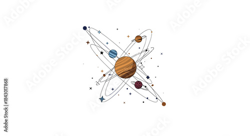 Stylized illustration of a solar system featuring a large striped central planet with orbital rings and many small celestial bodies scattered around.