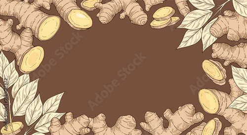 Vibrant illustration of ginger roots with sliced pieces and botanical leaves framing a warm brown central area to evoke rustic spice and natural health themes.