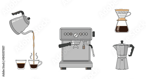 Coffee making appliances include a kettle pouring hot water into two cups an espresso machine a pour over dripper with carafe and a moka pot for rich brew.