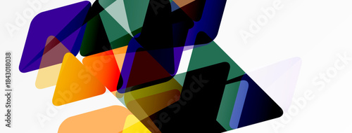 Abstract shapes overlap, creating vibrant color blends. Composition feels dynamic, modern, minimalist. White space dominates background.