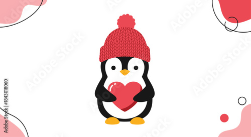 Cute penguin wearing a bright red knitted beanie smiles while holding a warm red heart creating a warm friendly valentine illustration perfect for gifting.