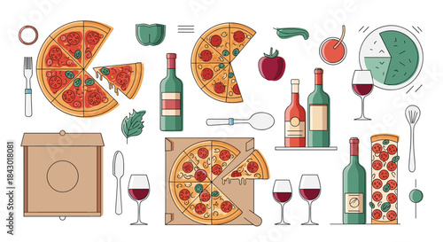 Bright collage of pizza slices wine bottles pizza box and assorted toppings arranged with glassware and utensils for a lively dining scene.