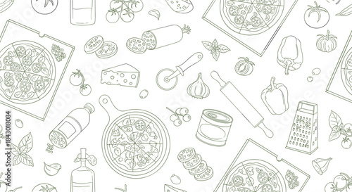 Sketch style illustration of a busy kitchen with pizza slices herbs garlic bottles and cooking tools scattered across a countertop.