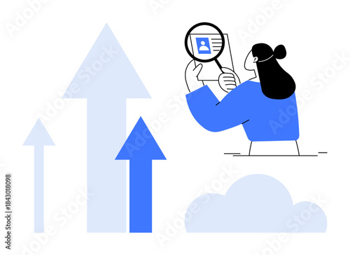 Identity verification concept. Female figure examines personal ID using a magnifying glass. Identity verification enhances security, streamlines processes, and enables digital authentication. Ideal
