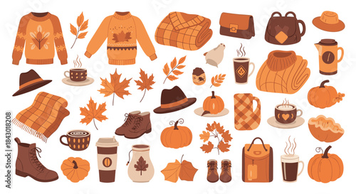 Autumn collage shows cozy sweaters warm beverages pumpkins scarves boots hats bags mugs and leaves in warm orange tones perfect for crisp days.