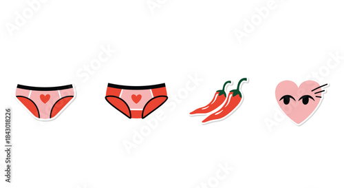 Playful icons depict heart themed underwear two panties adorned with hearts red chili peppers and a winking heart to convey bold romance and playful affection.