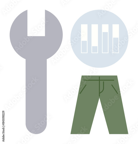 Wrench tool, bar graph in a blue circle, and green pants reflect concepts of repair, work, analytics, efficiency, and practical solutions. Ideal for productivity, labor design innovation