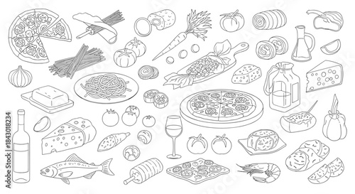 Vibrant collage of pizza cheese bread pasta fish and vegetables arranged on a rustic kitchen table featuring a diverse selection of dishes for a shared feast.