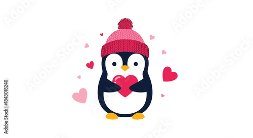 Penguin wearing a pink knit hat holds a red heart as small hearts float around on a bright white background creating a cozy cheerful valentine inspired scene.