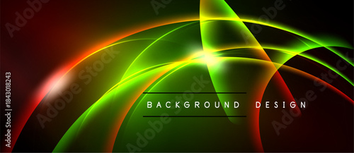 Abstract neon waves, vibrant colors blend. Dark background emphasizes glowing curves, creating dynamic visual effect. Text reads background design.