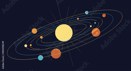 Vibrant stylized solar system featuring a bright central sun and colorful orbiting planets on elliptical tracks across a deep night blue canvas.