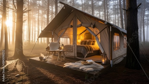 Warm sunrise illuminates cozy glamping tent within misty pine forest.
