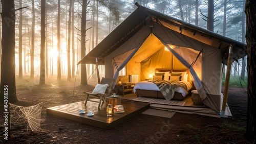Warm sunrise illuminates cozy glamping tent within misty pine forest.