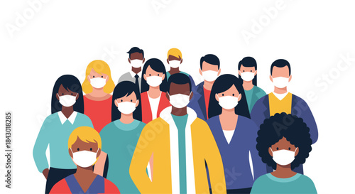 Diverse group of people wearing protective masks standing close together in a bright setting illustrating community resilience and public health awareness.