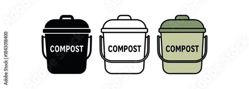 Flat vector illustration small compost caddies for kitchen soft rounded silhouettes clean outline one black and white flat version one outline version one color version cozy eco lifestyle