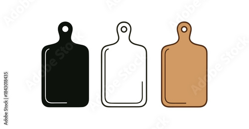 Flat vector illustration wooden cutting boards for fruit bread and vegetables soft rounded forms clean outline one black and white flat version one outline version one color version cozy