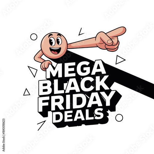 Mega Black Friday Deals Banner with Cartoon Character  Discount Promotion, Online Shopping, Savings Event, Sale Offer
