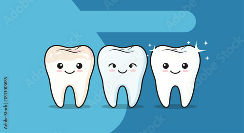 Three friendly cartoon teeth stand in a row with cheerful smiles sparkling against a blue background illustrating dental care and healthy oral hygiene.