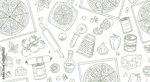 Intricate line art illustration of pizzas with assorted fresh ingredients and kitchen tools scattered around a vibrant culinary scene ready for cooking with colorful toppings and aromas.