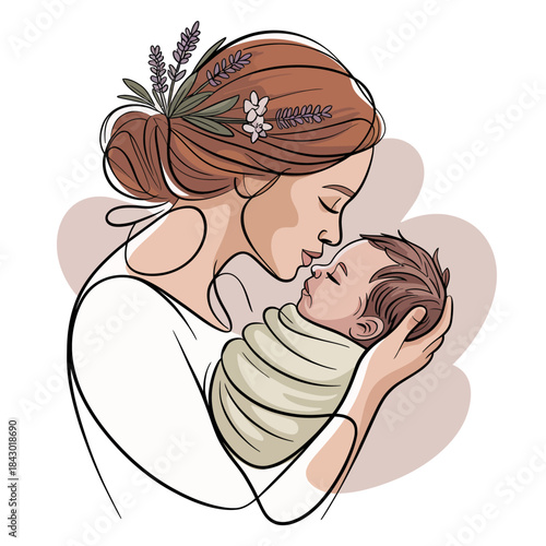 Mother and Baby Love Illustration — Heartwarming Family Bond, Tender Nurturing, Maternal Care, Infant Joy, Parenthood Portrait, Cultural Gift, Emotional Connection