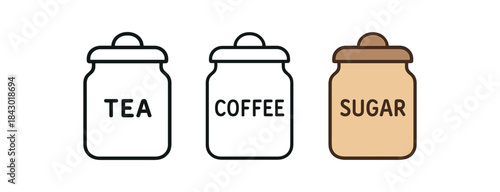 Flat vector illustration refill jars for tea coffee and sugar soft rounded forms clean outline one black and white flat version one outline version one color version cozy eco lifestyle style