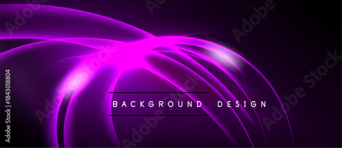 Abstract purple neon lines create flowing shapes. Dark background emphasizes bright curves, modern design element.
