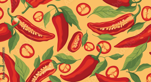 Vibrant seamless pattern of red chili peppers with green leaves and sliced peppers on a warm orange background for lively food branding and textiles.