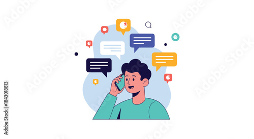 Young person talks on a mobile phone while colorful chat bubbles surround them to illustrate time messaging and social interaction in a modern digital scene.