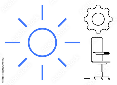 Productivity, work-life balance, office design, efficiency, innovation, ergonomic furniture. A sun icon with gear and office chair outline. Productivity and work-life balance concept