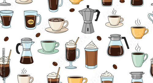 Vibrant illustrated collection of coffee drinks brewing devices mugs and whipped cream desserts arranged in a seamless pattern suitable for coffee design.