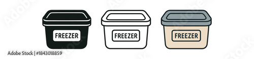 Flat vector illustration reusable freezer containers labeled with small tags soft rounded forms clean outline one black and white flat version one outline version one color version cozy eco