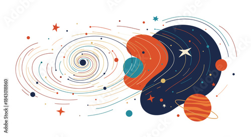 Bright abstract depiction of a swirling cosmos with planets and orbits and stars and colorful shapes weaving through space in dynamic motion.