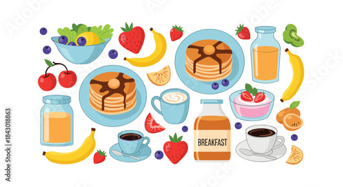 Bright breakfast scene with pancakes fresh fruit juice coffee and yogurt bowls arranged around a colorful fruity spread.