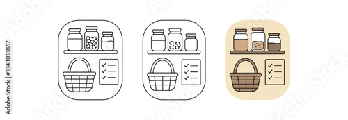 Flat vector illustration eco weekly prep scenes jars on shelf basket and list soft rounded compositions clean outline one black and white flat version one outline version one color version