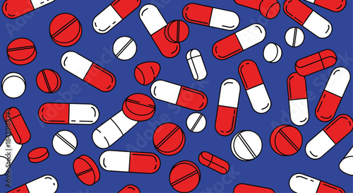 Colorful pattern of red capsules and white circular pills scattered across a deep blue background evoking medicine bottles and pharmaceutical design.