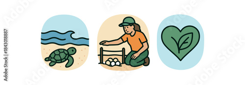 Flat vector illustration showing wildlife protection: baby turtle crawling to sea volunteer shielding nest and leafheart icon rounded shapes clean outline clean white background