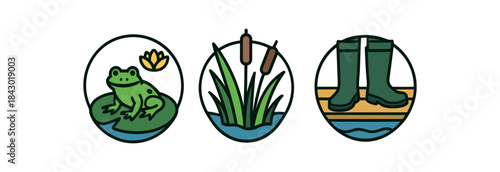 Flat vector illustration of protecting wetlands: frog on lily pad reed habitat and staying on boardwalk rounded shapes clean outline clean white background