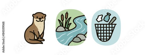 Flat vector illustration of river biodiversity: otter clean flowing stream and trash net icon rounded shapes clean outline clean white background
