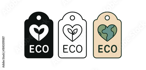 Flat vector illustration eco gift tags with leaf heart and planet icons soft rounded shapes clean outline one black and white flat version one outline version one color version cozy eco