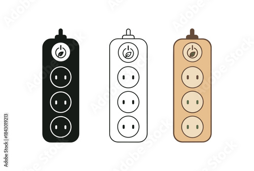 Flat vector illustration eco power strips with simple switch icons soft rounded forms clean outline one black and white flat version one outline version one color version cozy eco lifestyle