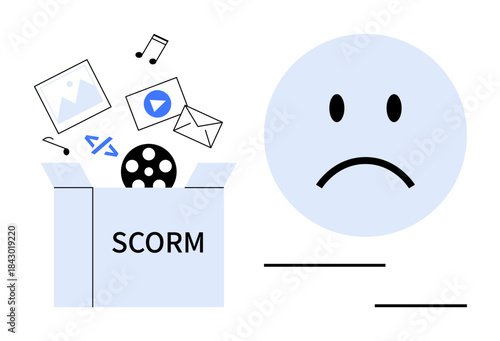 SCORM challenges. SCORM content box with various e-learning assets and sad face issues in digital courseware. SCORM and e-learning technology for education, corporate training, LMS systems