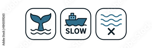 Flat vector illustration of whale safety: whale tail slow ship icon and sonarquiet waves symbol rounded shapes clean outline clean white background