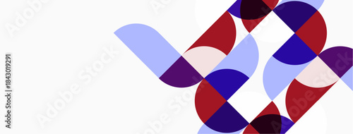 Abstract geometric shapes overlap, creating dynamic composition. Colors include red, purple, blue, white. Minimalist design, modern aesthetic.