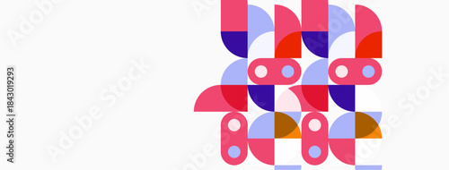 Abstract shapes, pinks, purples, oranges form pattern. White background provides contrast, simple design. Modern aesthetic.