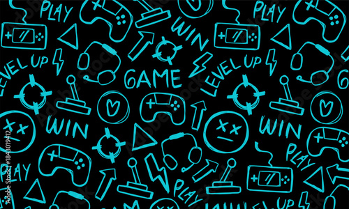 Hand-drawn gaming doodle pattern with neon blue sketch elements on a black background, designed for modern gaming visuals, digital backgrounds, and youth-oriented creative projects.