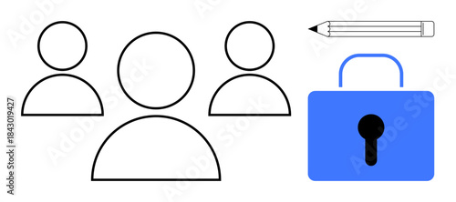 Digital identity, data protection, cybersecurity, information sharing, team collaboration, secure content. Minimalist icons of people, a blue lock and a pencil. Data protection and cybersecurity