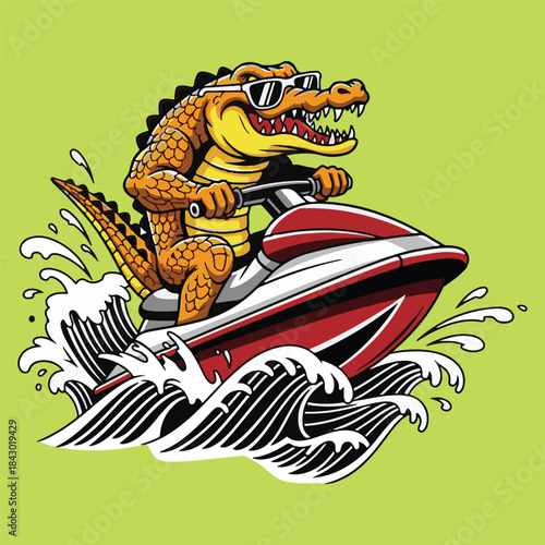 Dynamic vector illustration of a cool cartoon alligator wearing sunglasses, energetically riding a red jet ski through splashing waves, conveying fun and adventure for summer sports or playful designs